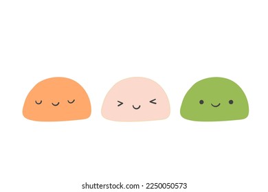 Traditional Japanese rice dessert Mochi characters isolated on white background. Set icons in doodle flat style. Vector illustration, clip art. Asian food collection.