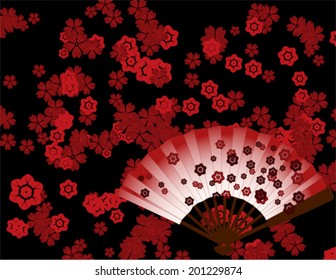 Traditional Japanese sakura cherry blossom background design with fan