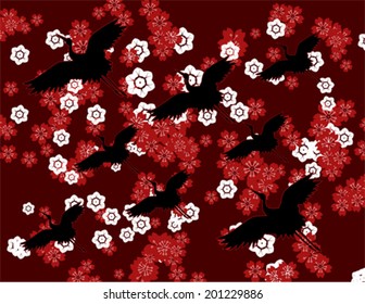 Traditional Japanese sakura cherry blossom and flying cranes background design