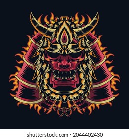 Traditional Japanese samurai mask with burning fire vector editable layers