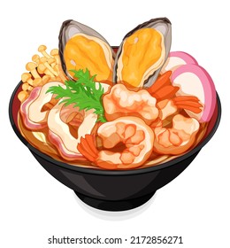 Traditional japanese seafood udon noodles soup recipe illustration vector. Asian seafood udon noodles with prawns, squids, mussels, mushrooms and meatballs menu close up.