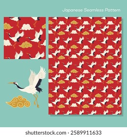 A traditional Japanese seamless pattern with white cranes, and golden clouds on a red background.