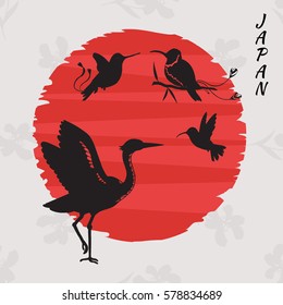  Traditional japanese stork of red sunrise calligraphy and hand drawn vector illustration