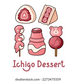 Postres tradicionales japoneses de fresa (ichigo). Comida dulce asiática (daifuku, sándwich, dando ponche, bebida dulce). Ilustración vectorial al estilo de las caricaturas aisladas en fondo blanco. 