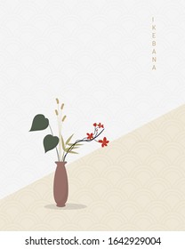 Traditional Japanese style flower arrangement calling "Ikebana". Poster in simple and minimal style.