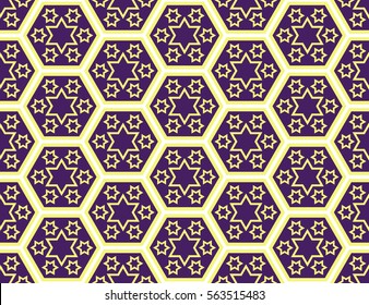 Traditional Japanese style "Seven-days-of-the-week Stars" pattern within kikko (tortoise shell armour plate worn by Samurai) hexagon pattern - Purple and yellow