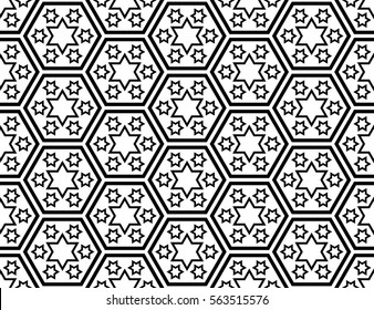 Traditional Japanese style "Seven-days-of-the-week Stars" pattern within kikko (tortoise shell armour plate worn by Samurai) hexagon pattern -White and black