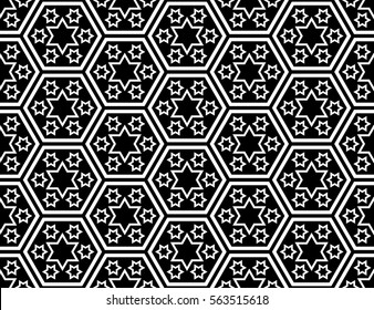 Traditional Japanese style "Seven-days-of-the-week Stars" pattern within kikko (tortoise shell armour plate worn by Samurai) hexagon pattern - Black and white
