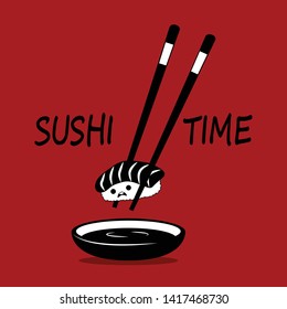 Traditional japanese sushi pieces and chopsticks with soy sauce isolated red background. Concept design sushi menu for japanese restaurant and cafe. Vector illustration.