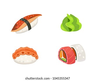 Traditional japanese sushi and rolls. Asian seafood, restaurant delicious vector illustration.
