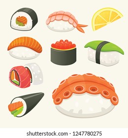 Traditional japanese sushi and rolls. Asian seafood, restaurant delicious illustration.
