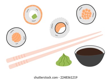 Traditional japanese sushi and rolls, wasabi, soy sauce and chopsticks isolated on white background. Sushi set icons in doodle flat style. Vector illustration, clip art