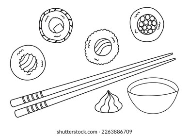 Traditional japanese sushi and rolls, wasabi, soy sauce and chopsticks isolated on white background. Sushi set icons in doodle flat style. Vector illustration, clip art