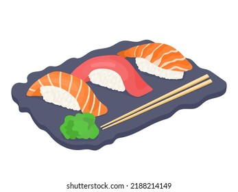 Traditional Japanese sushi with tuna, shrimp and trout. Vector illustration of food with wasabi and Chinese chopsticks.