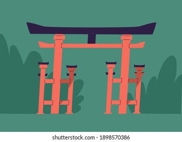 Traditional Japanese symbolic gates with roof and columns called Tori or Torii. Japan ritual religious architecture. Colored flat vector illustration