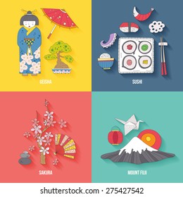 Traditional japanese symbols. Asian vector graphic elements. Travel concept. Handdrawn artistic illustration. Japan culture concept. 