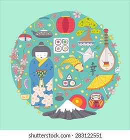 Traditional japanese symbols in heart shape Asian vector graphic elements. Handdrawn artistic illustration. Traditional japanese symbols. Asian vector graphic elements. Japanese symbol "happiness".