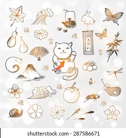 Traditional Japanese symbols of luck, well-being and happiness hand drawn in sumi-e painting style.Contains hieroglyphs "wind", "joy", "harmony" (on furin bell), ""joy", "well-being", "luck", "wealth"