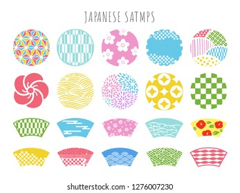 Traditional Japanese symbols and patterns. Stamp style.