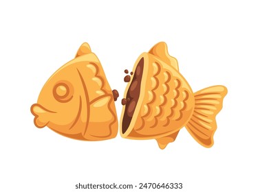 Traditional Japanese Taiyaki Isolated Fish-shaped Sweet Filled With Delicious Red Bean Paste Cartoon Vector Illustration