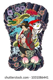 Traditional Japanese tattoo design for back body.Japanese women in kimono with her cat and Dragon.Hand drawn geisha girl and kitten on wave background.old dragon with plum and peach.