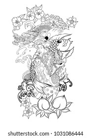 Traditional Japanese tattoo design for back body.Japanese women in kimono with her cat and Dragon.Hand drawn geisha girl and kitten on wave background.old dragon with plum and peach.