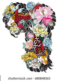 Traditional Japanese tattoo design for upper arm to chest. Colorful hand drawn Koi, carp fish with peony flowers, lotuses and water splashes.