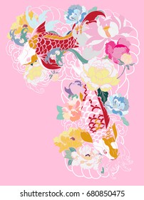 Traditional Japanese tattoo design for upper arm to chest. Colorful hand drawn Koi, carp fish with peony flowers, lotuses and water splashes.