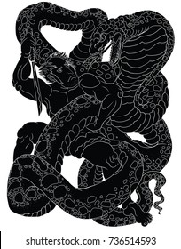 Traditional Japanese tattoo style.Hand drawn Samurai fighting with Big snake.Samurai Japanese men tattoo.silhouette the man and sword fighting with cobra.