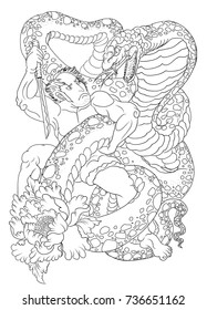 Traditional Japanese tattoo style.Hand drawn Samurai fighting with Big snake.Samurai Japanese men tattoo.Outline the man and sword fighting with cobra.