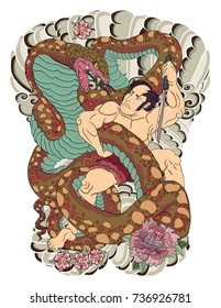 Traditional Japanese tattoo style.Japanese men have tattoo full body with snake.Hand drawn Samurai fighting with Big snake.Samurai Japanese men tattoo.Colorful the man and sword fighting with cobra.