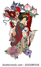 Traditional Japanese tattoo style.Japanese women in kimono with her cat and Old dragon.Hand drawn geisha girl and kitten on back tattoo.Old dragon with peony flower and chrysanthemum on background.