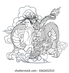 Traditional Japanese tattoo style.Japanese women in kimono with her cat and Old dragon.Hand drawn geisha girl and kitten tattoo.Old dragon with on cloud background.