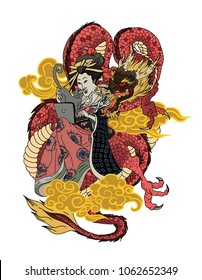 Traditional Japanese tattoo style.Japanese women in kimono with her cat and Old dragon.Hand drawn geisha girl and kitten tattoo.Old dragon with on cloud background.