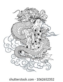 Traditional Japanese tattoo style.Japanese women in kimono with her cat and Old dragon.Hand drawn geisha girl and kitten tattoo.Old dragon with on cloud background.