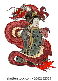 Traditional Japanese tattoo style.Japanese women in kimono with her cat and Old dragon.Hand drawn geisha girl and kitten tattoo.Old dragon with on cloud background.
