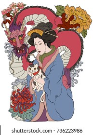 Traditional Japanese tattoo style.Japanese women in kimono with her cat and Old dragon.Hand drawn geisha girl and kitten on back tattoo.Old dragon with peony flower and chrysanthemum on background.