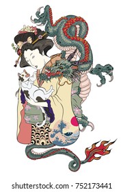 Traditional Japanese tattoo style.Japanese women in kimono with her cat and Old dragon.Hand drawn geisha girl and kitten on back tattoo.Old dragon with peony flower and chrysanthemum on background.