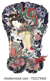 Traditionelle japanische Tätowierungen.Japanische Frauen in Kimono mit ihrer Katze und Altem Drachen.Handgezeichnet geisha Mädchen und Kätzchen auf dem Rücken Tattoo.Alter Drache mit Peronenblume und Chrysanthemum auf dem Hintergrund.