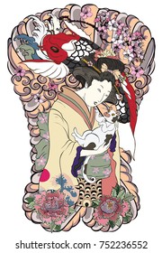 Traditional Japanese tattoo style.Japanese women in kimono with her cat and Koi carp.Hand drawn geisha girl and kitten on back tattoo.Koi fish with peony flower and chrysanthemum on background.