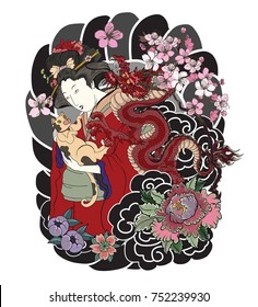 Traditional Japanese tattoo style.Japanese women in kimono with her cat and Old dragon.Hand drawn geisha girl and kitten on back tattoo.Old dragon with peony flower and chrysanthemum on background.