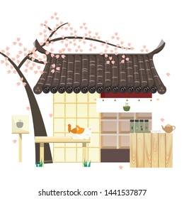 Traditional Japanese tea shop in old town for tourism near with blossom sakura tree and sleeping cat on bench in spring season, vector, Illustration