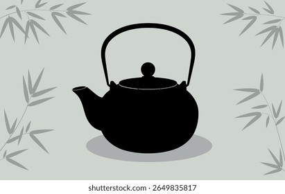 Traditional japanese teapot silhouette surrounded by delicate bamboo branches silhouette