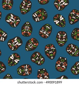 Traditional japanese theater masks kabuki seamless pattern.Variations greasepaint kumadori vector background.