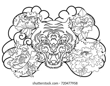 Traditional Japanese tiger face tattoo with peony flower and Japanese wave.Traditional Japanese culture for printing and coloring book on background.