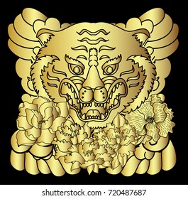 Traditional Japanese tiger face tattoo with peony flower and Japanese wave.Traditional Japanese culture for printing and coloring book on background.