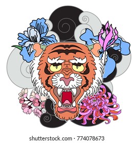 Traditional Japanese tiger face tattoo with peony flower and Japanese wave.