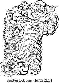 Traditional Japanese tiger with flower and clouds for tattoo design on background.Chinese culture for doodle art on white isolated.Japanese flower for coloring book.Vector illustration of Asian.