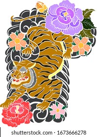 Traditional Japanese tiger with flower and clouds for tattoo design on background.Chinese culture for doodle art on white isolated.Japanese flower for coloring book.Vector illustration of Asian.