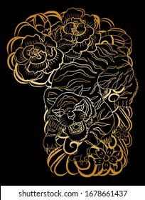 Traditional Japanese tiger with flower and clouds for tattoo design on background.Chinese culture for doodle art on white isolated. Japanese flower  Vector illustration  